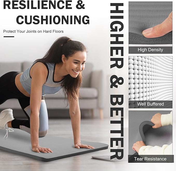 BalanceFrom GoCloud 71" x 24" All-Purpose 1-Inch Extra Thick Double-Sided Non-Slip High Density Anti-Tear Exercise Yoga Mat with Carrying Strap, Gray