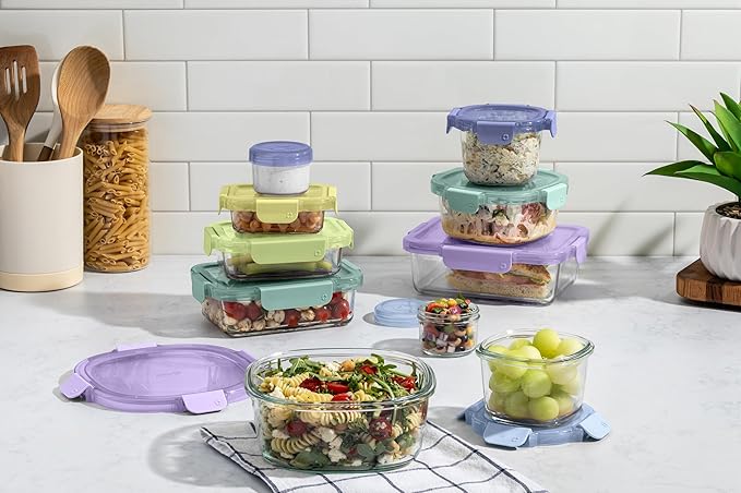 Ello Color Lock 20PC Mixed Glass Food Storage Sets, Leak-Proof Glass Food Storage Containers with Airtight BPA-Free Plastic Lids, Dishwasher, Microwave, and Freezer Safe, Purple Rain