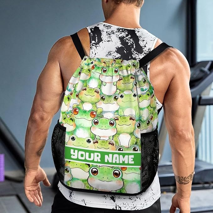Custom Frog Drawstring Backpack - Cute Cinch Sack, String Backpacks with Pocket for Kids Women Men Boys Girls for Gym Outdoor Sports Travel Athletic Drawstring Bag - Lightweight/Foldable