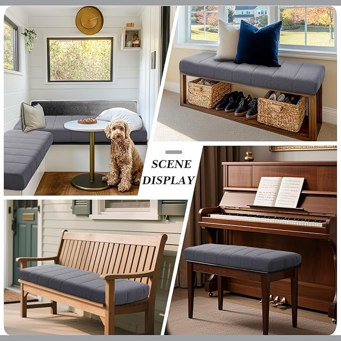 Wenqik Bench Cushion 42x16x4 Inch for Indoor Outdoor Furniture Tufted Thicken Bay Window Seat Cushion Non Slip Waterproof Dining Piano Bench Pad Pillow Anti Cat Scratch for Patio Porch Swing, Gray