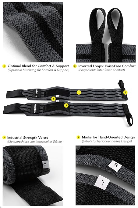 Fitgriff® Wrist Wraps for Weightlifting (18") Heavy-Duty Support for Gym, Bench Press, and Pushups (1 Pair) - for Men and Women (Grey/Black)