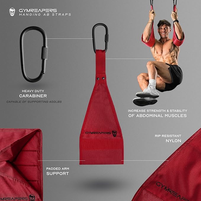 Gymreapers Hanging Ab Straps for Pull-Up Bar — Hang Bar Assist Strap & Strength Workout Exercise Equipment, Padded Adjustable Arm Supports with 2 Steel Carabiners for Leg Raises, Abdominal & Core Training