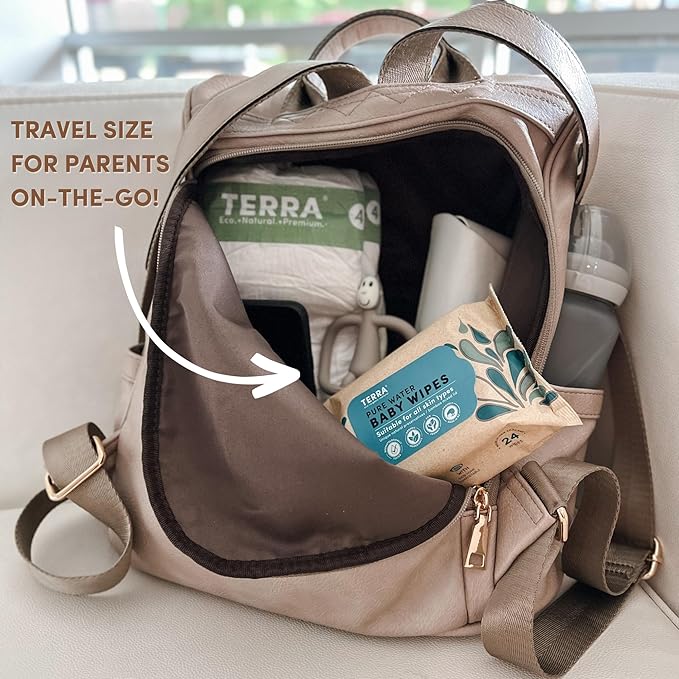 Terra Bamboo Water Baby Wipes Travel Pack: 99.7% Pure New Zealand Water, 100% Biodegradable Bamboo Fiber, 0% Plastic, Unscented Baby Wipes for Sensitive Skin, 1 TRAVEL Pack of 24 Wipes