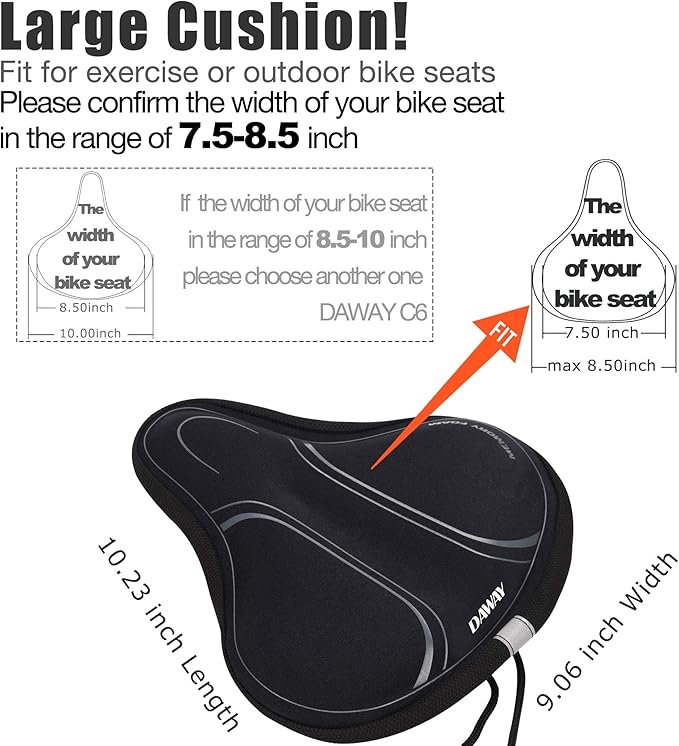 DAWAY Comfortable Bike Seat Cover - C3 Soft Gel & Memory Foam Padded Bike Seat Cushion for Women Men Seniors, Comfort, Fits for Peloton, Stationary, Exercise, Mountain and Cruiser Bicycle Saddles
