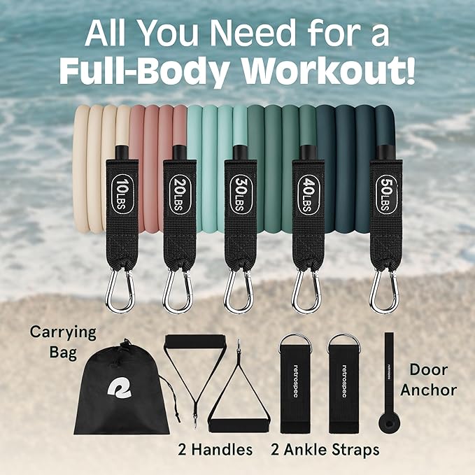 Retrospec Resistance Bands Set for Working Out - 4 Exercise Bands with Carrying Bag for Home Fitness, Pull-Up Assistance & Strength Training - 15-125 lb Natural Latex Workout Bands