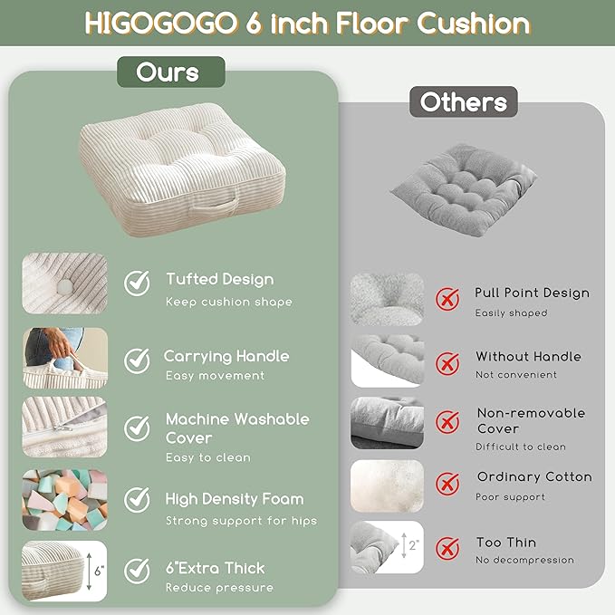 6" Washable Floor Pillow Cushion for Adults, Meditation Cushion Pillow, Large Square Floor Sitting, Removable Tufted Corduroy Cover, for Tatami Living Room or Yoga, 22x22 Inch, Machine Washable