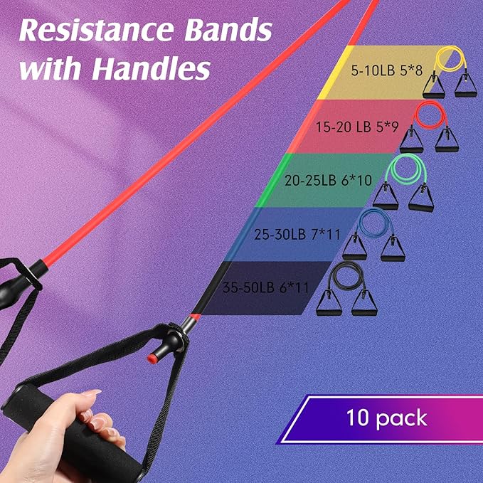 Shappy 10 Pcs Resistance Bands with Handles Exercise Stretch Bands for Exercise Woman Man Training Physical Therapy Workouts Fitness