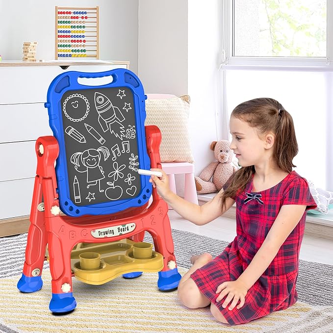 Amagoing Art Easel for Kids Age 3 4 5, Adjustable Standing Toddler Easel Drawing White Board Chalkboard with Painting Accessories, Birthday Gifts Learning Educational Toy for Boys Girl 3-5 Year Old