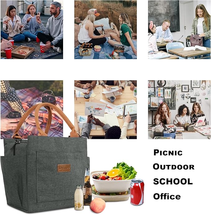 Joymee Lunch Bag Women Insulated Lunch Box Reusable Leakproof Large Spacious Cooler Tote for Womens Mens Adults with Bottle Holder and Side Pockets for Work Office Travel Picnic -Charcoal Gray