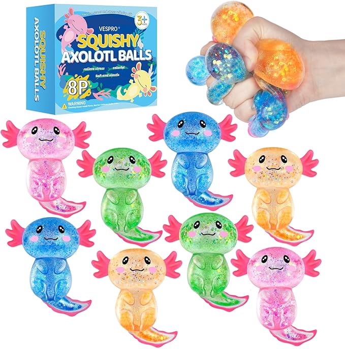 8 Pack Slow Rising Stress Ball, Cute Axolotl Stretchy Fidget Toys for Kids Adults, Stress Relief Stress Ball for Anxiety Relief, Ideal for Autistic Kids