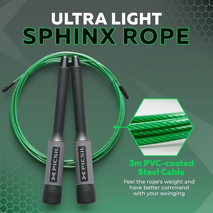 PICSIL - Sphinx Rope | 360° Spin Jump Rope | Dual Bearing System | Fast & Lightweight for Fitness, Cross Training Boxing | Adjustable Cable| Double Rolling |