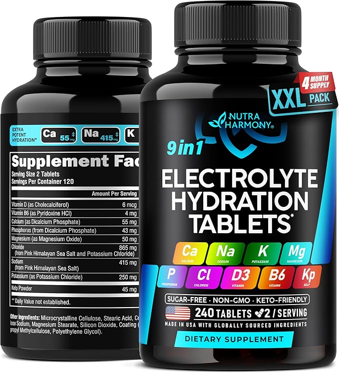 Electrolytes - Electrolyte Tablets with Magnesium, Sodium, Potassium, Chloride, Vitamins D3 & B6, Kelp Powder - Salt Pills - Made in USA - Oral Tablets as Capsules - Vegan & Keto Friendly - 240 Tabs