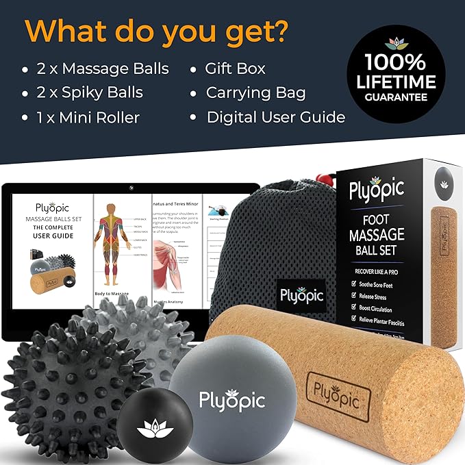 Massage Ball Set – Complete 5-Piece Kit: Spiky, Lacrosse & Mini Precision Balls + Roller – Plantar Fasciitis, Foot Arch & Heel Relief – Trigger Point Therapy for Back, Neck, Shoulders & Full Body