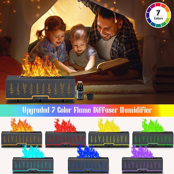 Colorful Essential Oil Diffuser, 7 Colors Flame Fire Diffuser, 200ML Ultra-Quiet Aromatherapy Diffuser with Remote Control, Timer Up, Auto-Off Protection for Home,Office,Bedroom (Grey Black)