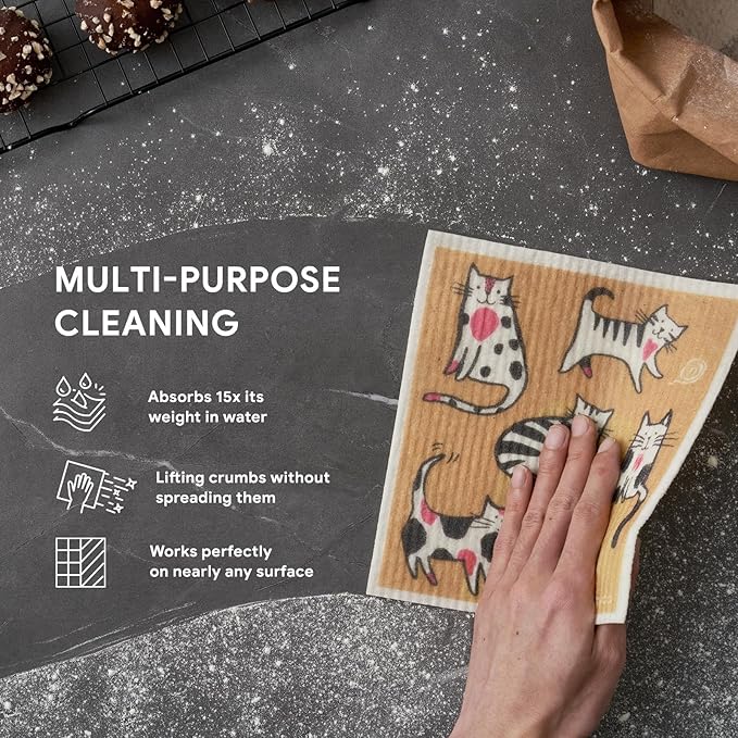 RECYCO Swedish Dishcloths for Kitchen | 6 Pack Cuddly Cats Washable Dish Rags | Cellulose Reusable Cleaning Paper Towels | Absorbent Counter Dish Cloth Sponge Kitchen Wipes, 8" L x 7" W