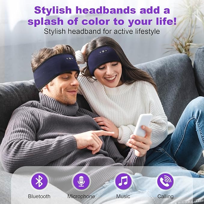 Sleeping Headphones Headband with Adjustable Hook and Loop, Bluetooth Headband Headphones for Sleeping Workout Running Yoga Gift - Unisex Purple
