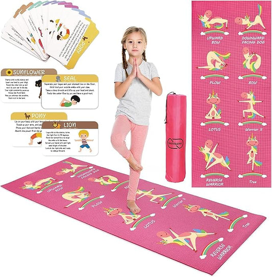Garybank Kids Yoga Mat Set - Non-slip Exercise Mats with Fun Prints - 12 Yoga Cards - Carrier Bag - Odor Free Non-Toxic, Cute Yoga Mat for Girls & Boys (60 X 24 X 0.2 Inch)