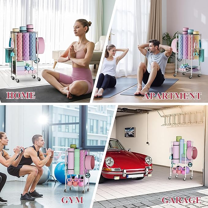 VOPEAK Home Gym Storage Rack with Wheels, Yoga Mat Storage Organizer for Kettlebells, Dumbbells, Resistance Bands, Space Saving Weight Rack for Home Gym, Garage, Easy to Install