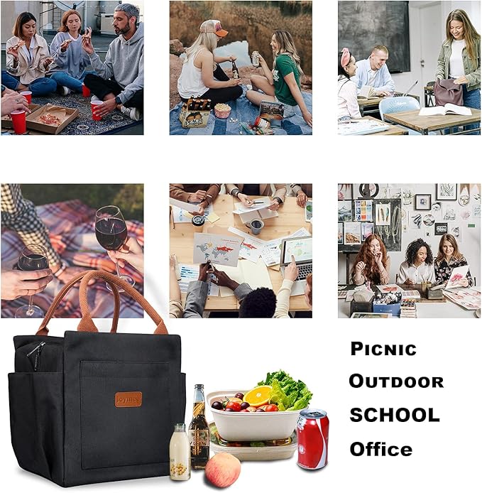 Joymee Lunch Bag Women Insulated Lunch Box Reusable Leakproof Large Spacious Cooler Tote for Women Men Adult with Bottle Holder and Side Pockets for Work Office Travel Picnic - Black