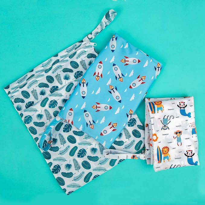 babygoal Wet Dry Bags for Baby Cloth Diapers, Washable Travel Bags, Beach, Pool, Gym Bag for Swimsuits & Wet Clothes with Two Zippered Pockets 3 Pack, 3LN12