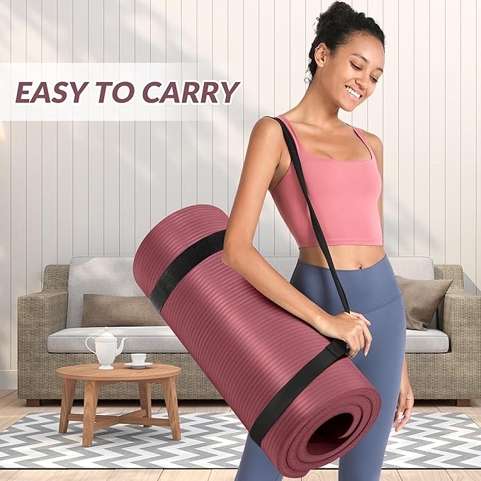 BalanceFrom 1-Inch Thick High-Density Exercise Yoga Mat, Non-Slip Workout Mat with Carry Strap for Men & Women, Ideal for Pilates, Stretching & Floor Exercises at Home or Gym, Multiple Color