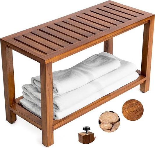 Teak Shower Bench 30 Inch – Fully Assembled Wooden Bench with Shelf, Water-Resistant, Non-Slip Adjustable Feet – Indoor Spa, Garden, or Bathroom Use