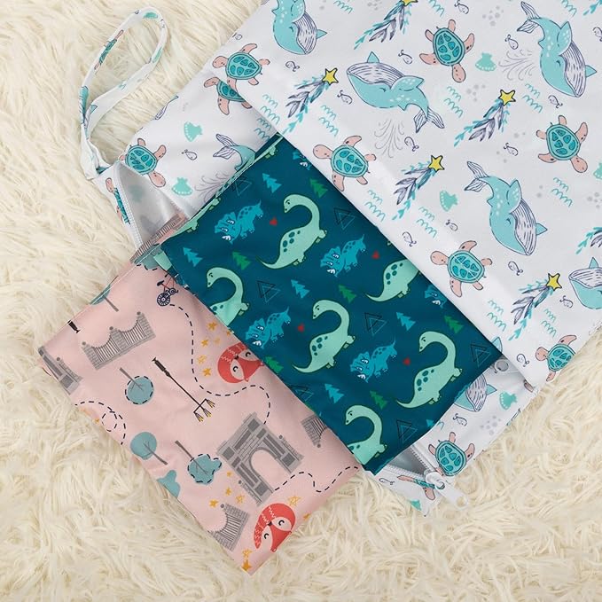 babygoal Wet Dry Bags 3 Pack for Baby Cloth Diapers, Washable Travel Bags, Beach, Pool, Gym Bag for Swimsuits & Wet Clothes with Two Zippered Pockets 3LN17