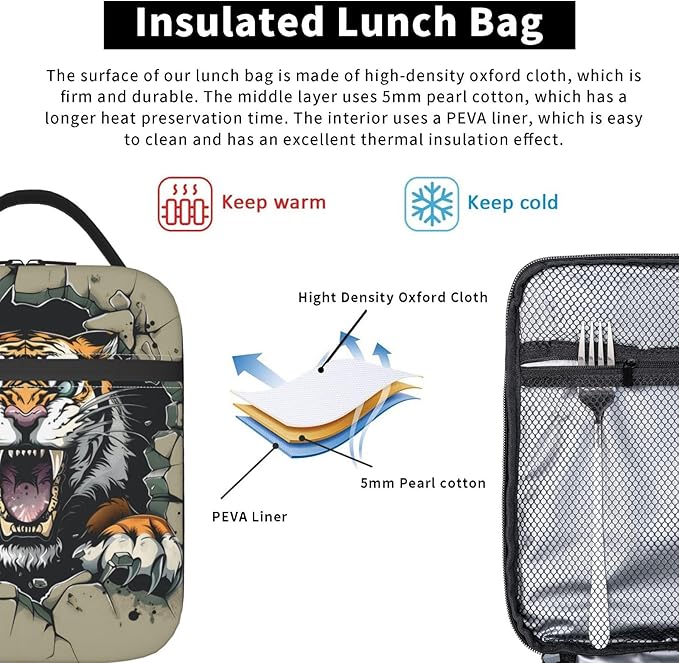 Insulated Lunch Box for Women Men, Tiger Animal Theme Lunch Box Reusable Portable Lunch Bag Cooler Tote Waterproof Lunch Container for Office Picnic Work Travel