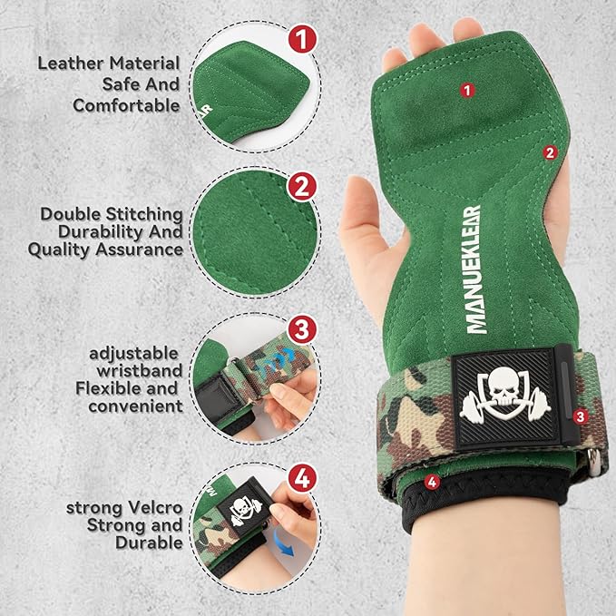 MANUEKLEAR Gym Straps Weight Lifting, Double Leather Lifting Straps for Men Deadlift with Cushion Wrist Loop, Gym Lifting Wrist Wraps for Weightlifting