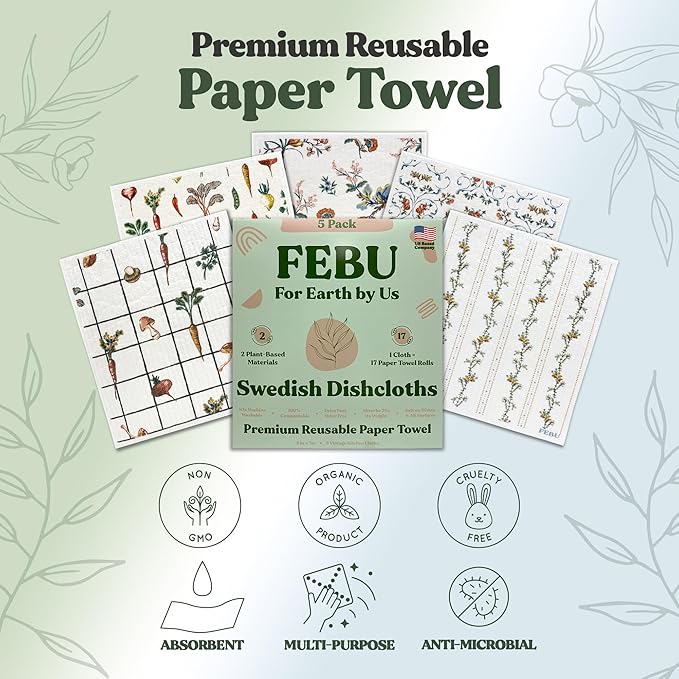 FEBU Swedish Dishcloths for Kitchen | 5 Pack Vintage Kitchen Reusable Paper Towels Washable | Swedish Dish Towels | Non-Scratch Cellulose Sponge Cloths | No Odor, Biodegradable Cleaning Cloths