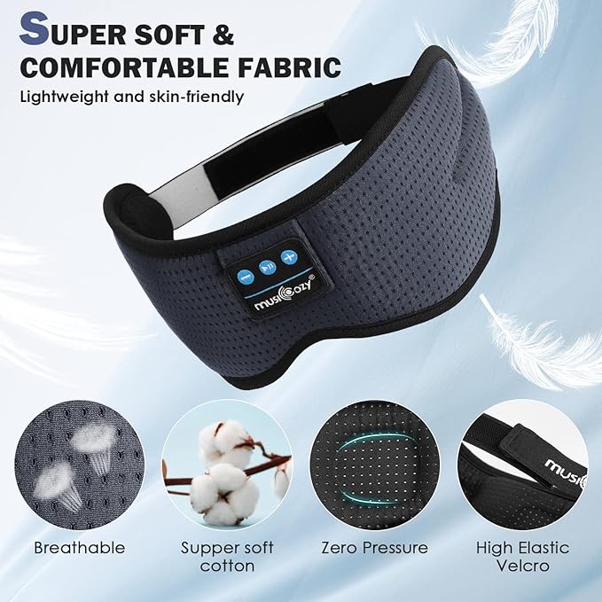 MUSICOZY White Noise Bluetooth Sleep Mask with 8 Soothing Sounds & 3D Wireless Sleep Headphones, Bluetooth Sleeping Headphones for Yoga Travel Office Relaxation, Tech Gadgets Gifts