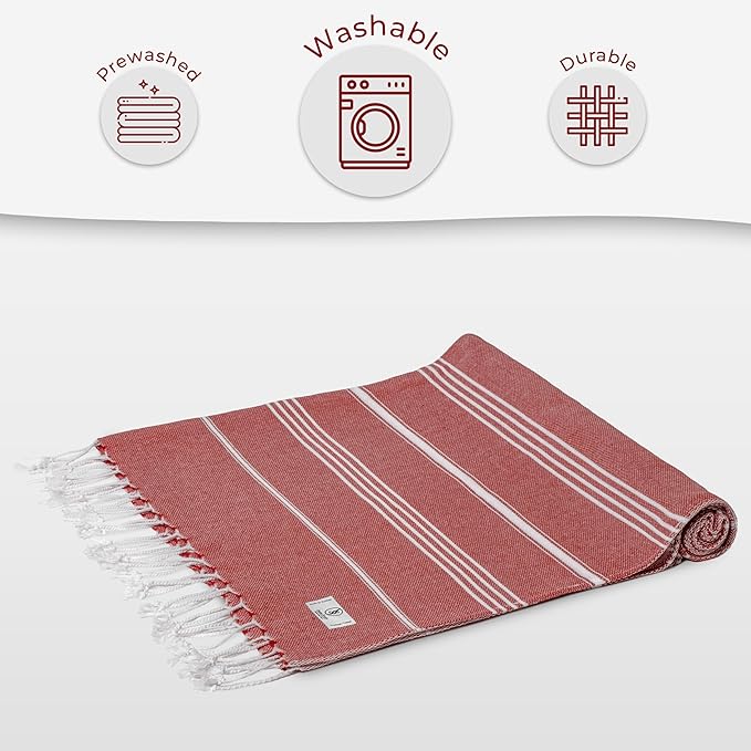 Turkish Beach Towel Striped & Soft Extra Large (39" x 71") - Quick Dry, Versatile and Functional as Yoga Mat, Gym, Outdoor and Shower Towel, Travel and Picnic Blanket - Red