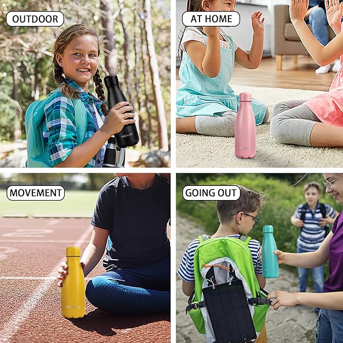 Insulated Water Bottle, 2 Pack-9oz Stainless Steel Water Bottles with straw lid, Metal Sports Water Bottles for Boys,Girls, Double Wall Vacuum BPA-Free Flask for Sports (Black-Sliver)