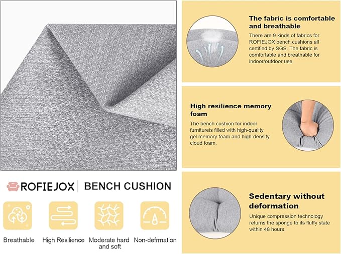 Bench Cushion 48 Inch - Polyester Brushed, High-Density Foam, Non-Slip Bottom, Soft Durable Indoor Tufted Long Seat Cushion for Window Garden Furniture (Grey, 48x16x4 Inch)