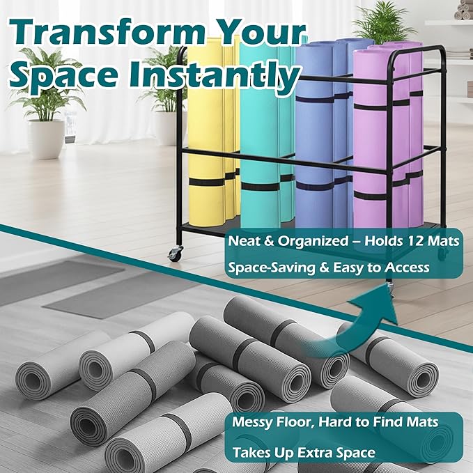 Yoga Mat Storage Basket,Yoga Mat Rack with Lockable Wheels,Holds up to 90lbs Gym Equipment Organizer Holder for Dumbbells, Kettlebells and Foam Rollers (Black)