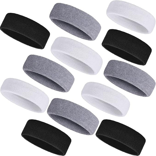 Bememo 12 Pcs Sweatbands Sport Headbands for Men & Women Basketball Headband Sport Competitions Sweat Headbands Running Terry Cloth Moisture Wicking for Yoga,Tennis,Gym,Exercise