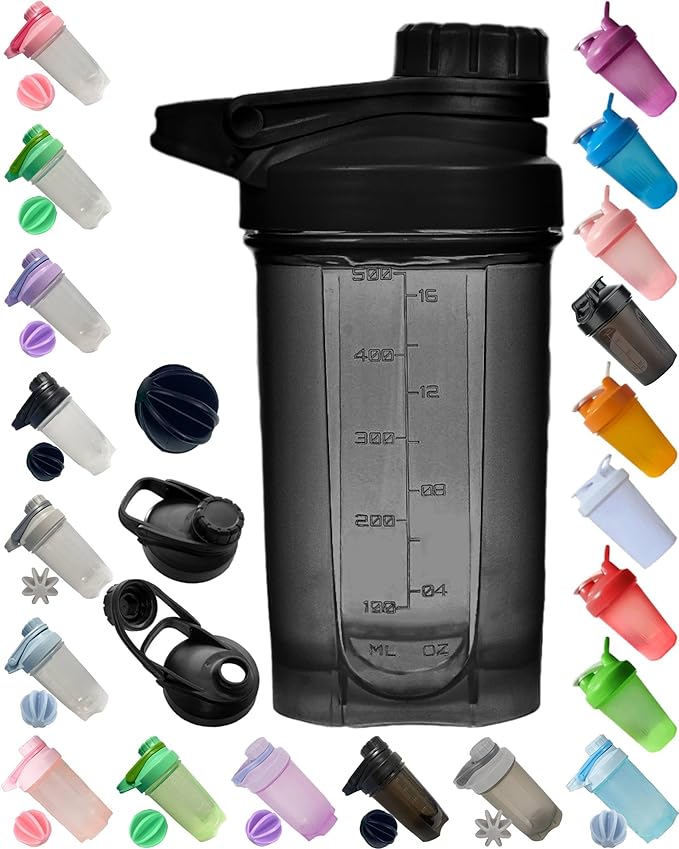 Shaker Bottle in Dark Black w. Stylish Mechanic Design (Twist Cap Lockable Anti-Leaking Fixed w. Slim Arm,Large Moden Loop),Strong Body Anti-Drop,Hard 1.77" Non-Metal Mixer Ball,BPA Free,16 OZ/ 500 ML