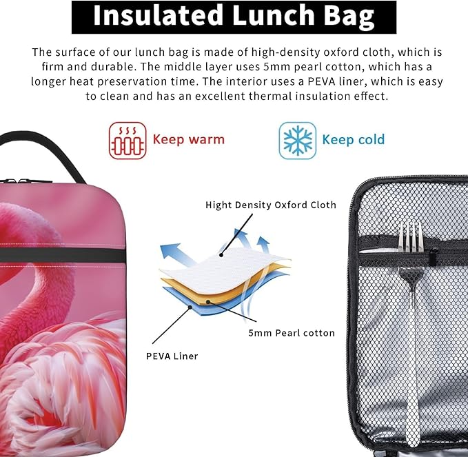 Lunch Box for Women Men, Pink Cute Flamingo Insulated Lunch Box Reusable Portable Lunch Bag Cooler Tote Waterproof Lunch Container for Office Picnic Work Travel Hiking