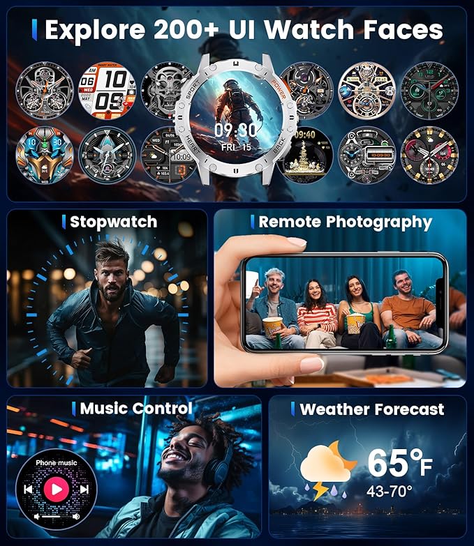 Smart Watches for Men for Android/iPhone,1.43’’ AMOLED Display Sport Watch with 123 Sport Modes/FlashLight,5ATM Waterproof Fitness Tracker with Blood Pressure/Heart Rate/Sleep Monitor,Silver Silicone