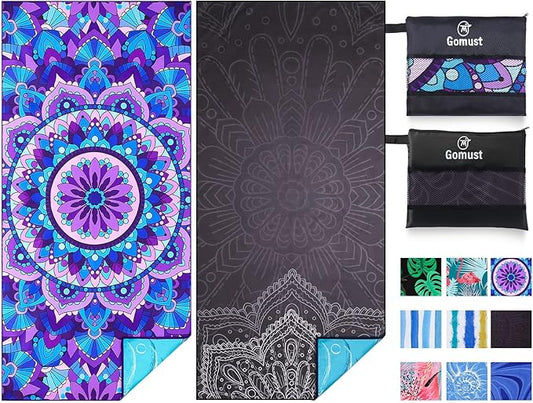 2 Pack Lightweight Thin Beach Towel Oversized 71"x32" Big Extra Large Microfiber Sand Free Towels for Adult Quick Dry Travel Camping Beach Accessories Vacation Essential Gift Purple Black Mandala