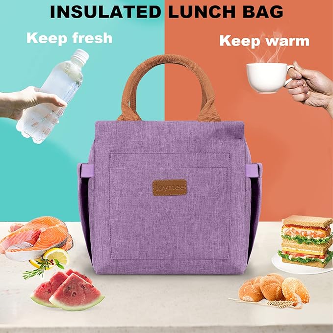 Joymee Lunch Bag Women Insulated Lunch Box with Adjustable Shoulder Strap Large Reusable Leakproof Spacious Cooler Tote for Women Men Adult with Bottle Holder and Side Pockets - Purple