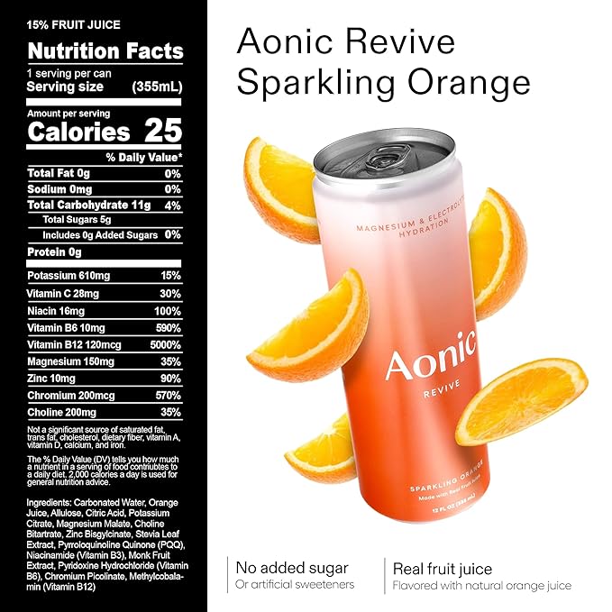 Aonic Revive Sparkling Orange – Hydration Drink with Magnesium & Potassium Electrolytes, Delicious Taste, Real Fruit Juice, 12oz (12 Pack)