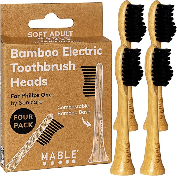 Bamboo Electric Toothbrush Heads | Compatible with Philips One Electric Toothbrush | 4 Brush Heads with Soft Bristles | Plant-Based Adult Size Replacement Heads