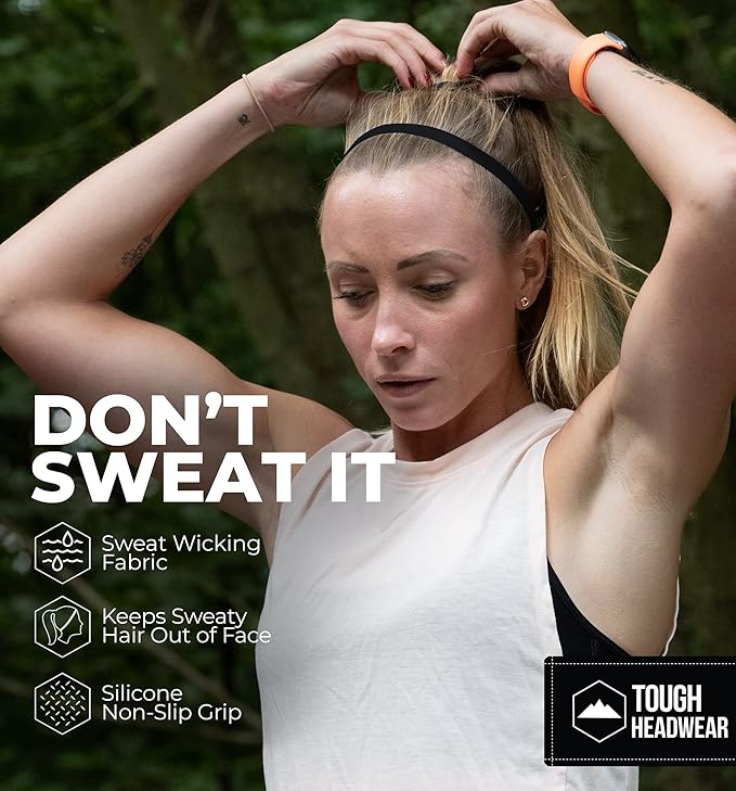 Tough Headwear Thin Elastic Headbands for Men - Sports Hair Head Band for Women & Men - Non Slip Mens Workout Headband - Running or Soccer Headband - 6-Pack