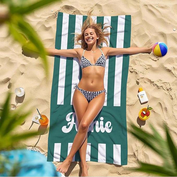 JML Personalized Beach Towel with Name, Custom Cabana Stripe Beach Towel, Customized Microfiber Pool Towel, Quick Dry & Absorbent Swim Towel for Adult,Mother's Day, Birthday, Summer Holiday,Vacation