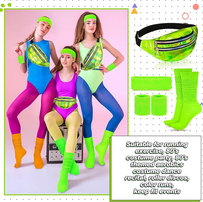Tarpop 80s Neon Women Slouch Socks 90s Headbands Wristbands Fanny Pack Leg Warmers Sweatbands Waist Bag Women Party Costume