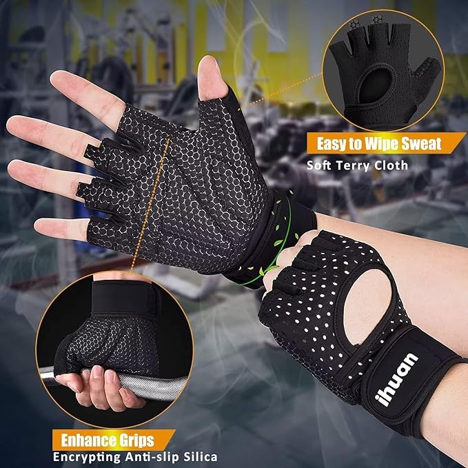 ihuan Breathable Weight Lifting Workout Gym Gloves: Fingerless Exercise Wrist Support | Enhance Palm Protection | Extra Grip for Fitness |Training | Rowing | Pull-ups