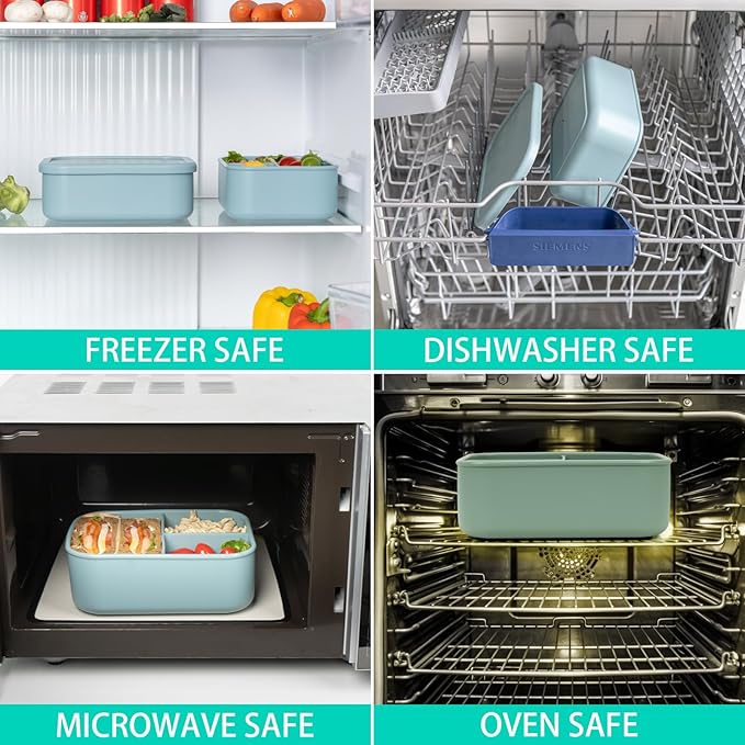 100% Silicone Bento Box Adult with 3 Compartments, 48oz, Reusable Divided Lunch Box Meal Prep Containers for Entree and Side Food Snack Storage, BPA-Free Plastic-Free, Microwave Dishwasher safe, Green