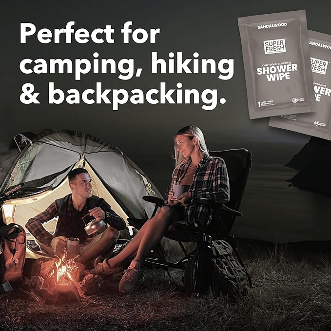 Super Fresh Shower Wipes Large Sandalwood Body Wipes for No Rinse Bathing Personal Hygiene Gym Travel or Camping Enriched with Aloe and Vitamin E 10 Individually Wrapped Disposable Sheets