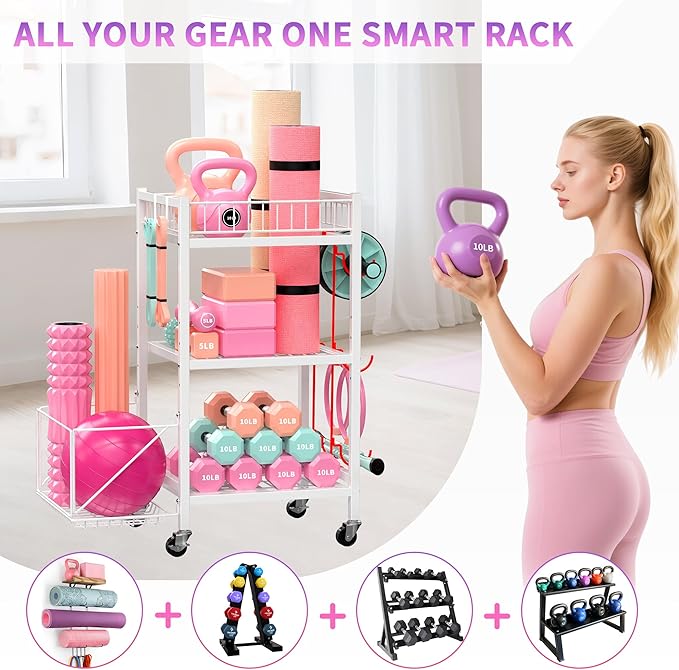3-Tier Home Gym Storage Rack, Adjustable Yoga Mat Storage Rack, 250LBS Metal Workout Equipment Storage Cart with Large Basket & Lockable Wheels for Mats, Bands, Foam Rollers, Yoga Block (Rack Only)